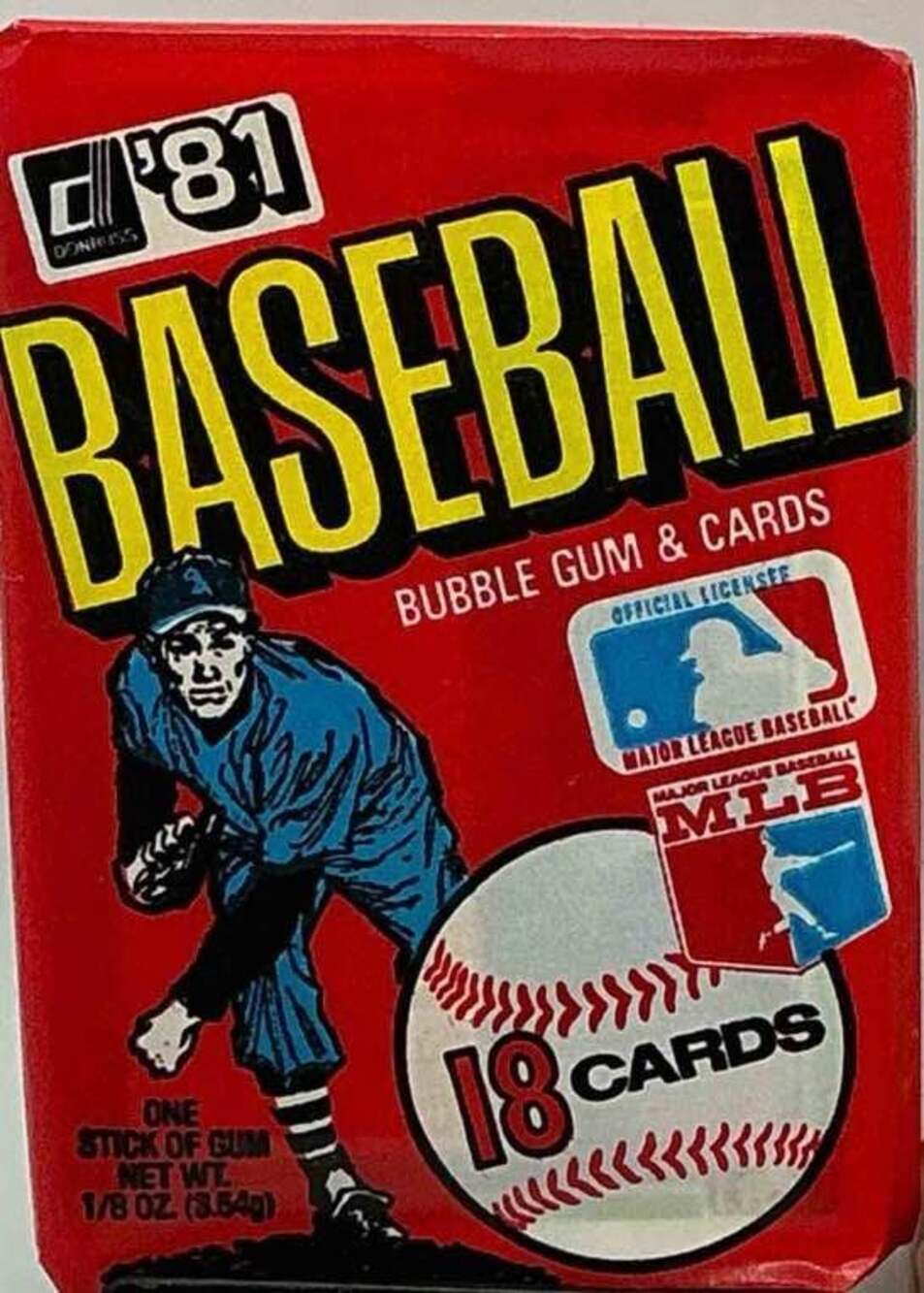 1981 Donruss Baseball Bubble Gum Cards Pack 18 Cards.